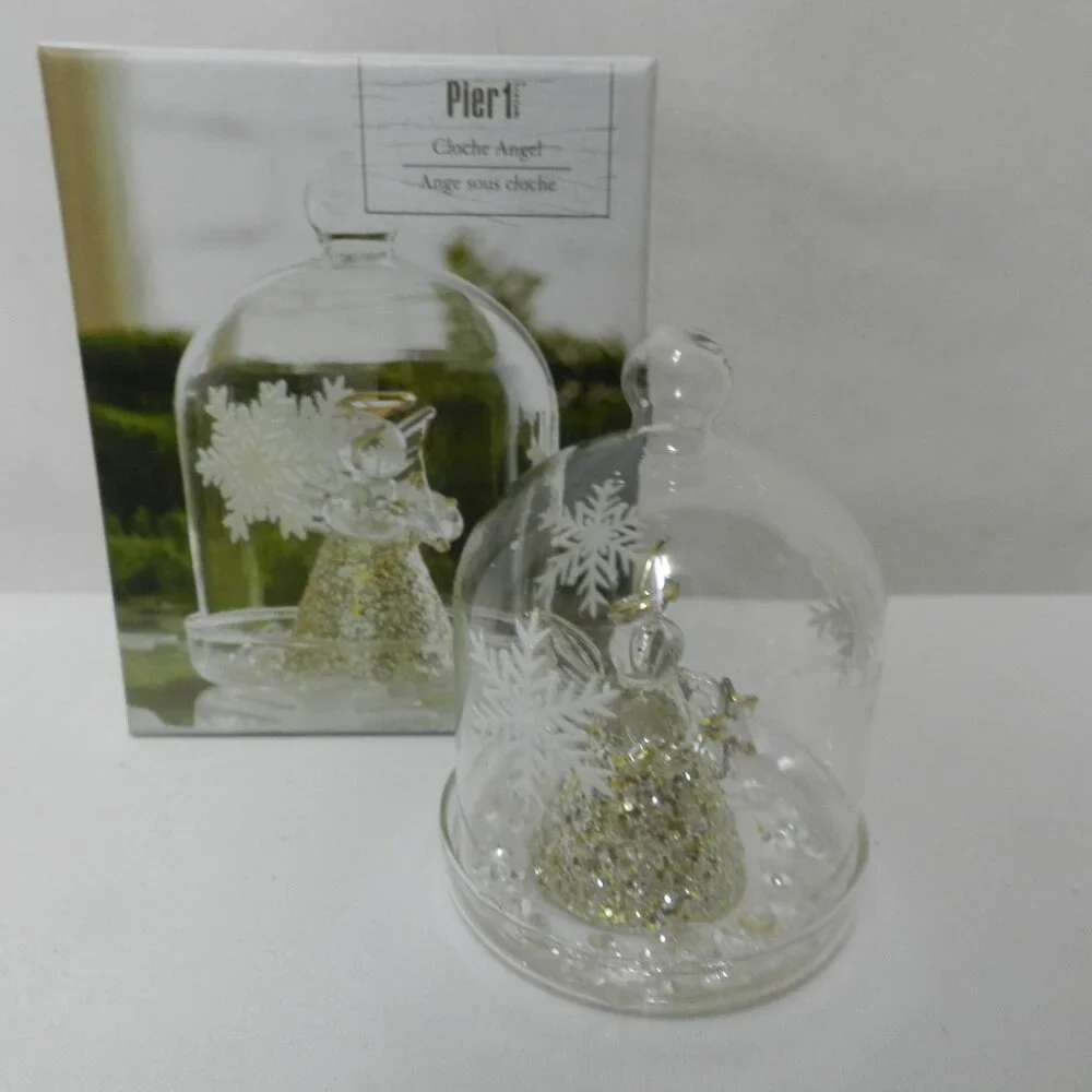 Pier 1 Imports Glass Cloche Angel Christmas Bell Figure Diorama Figurine w/ Box